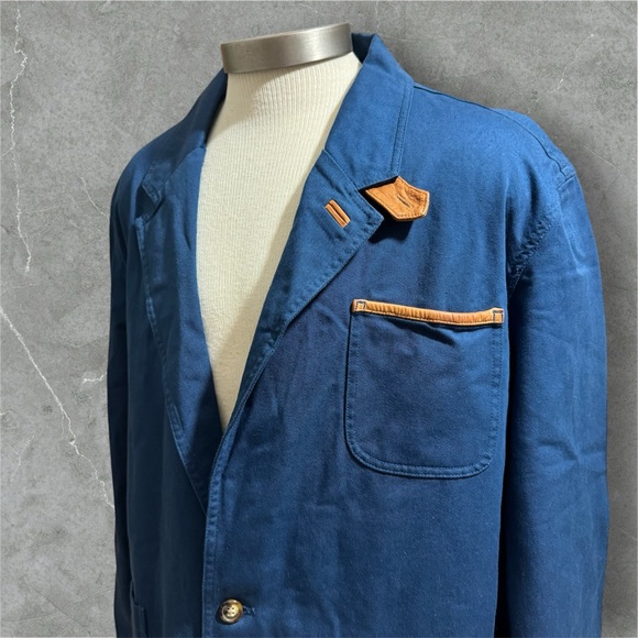 Orvis , Navy jacket with tan leather patch detail . - Picture 3 of 7